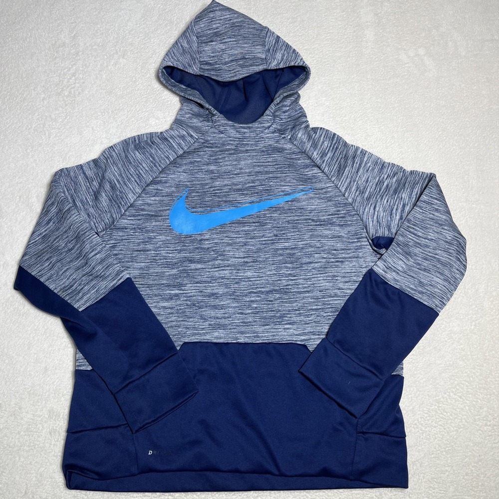 Nike Dri-Fit Hoodie Boys XL Blue Center Swoosh Graphic Pockets Pullover